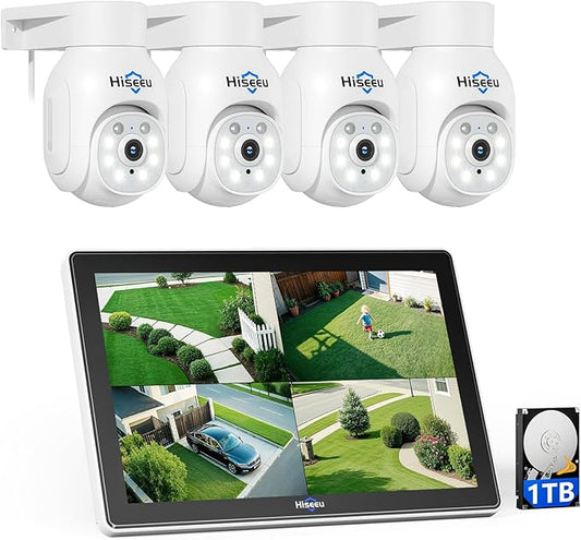Hiseeu Wireless Security Camera System, 5MP Outdoor Cameras with 10" LCD Monitor 4-Cam Kit, 1TB HDD, Plug & Play NVR, Auto Tracking, 2.4G/5GHz WiFi, 2-Way Audio, Color Night Vision, No Monthly Fees