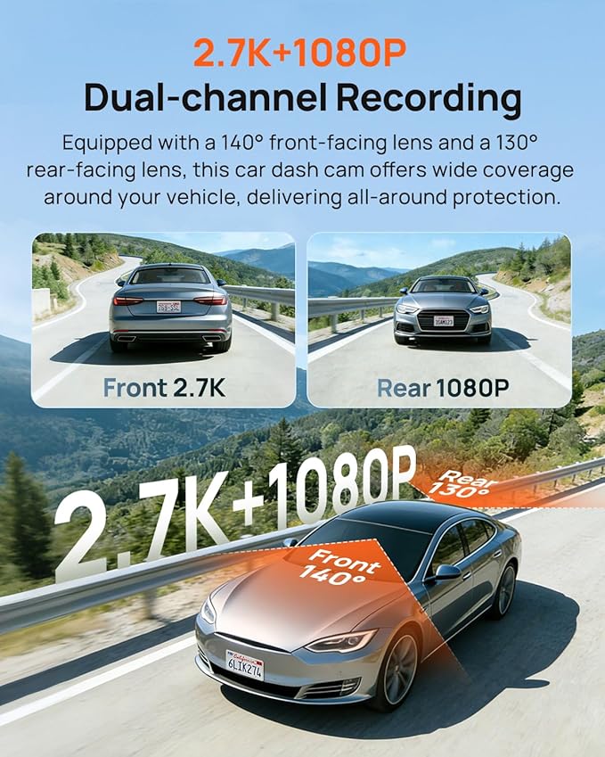 70mai 2.7K Dash Cam Front and Rear A500S, Dual Dash Camera for Cars, Dashcam with APP, Sony IMX335, ADAS, Built-in WiFi GPS, 2'' IPS Screen, WDR, Night Vision, 24/7 Parking Mode, Loop Recording