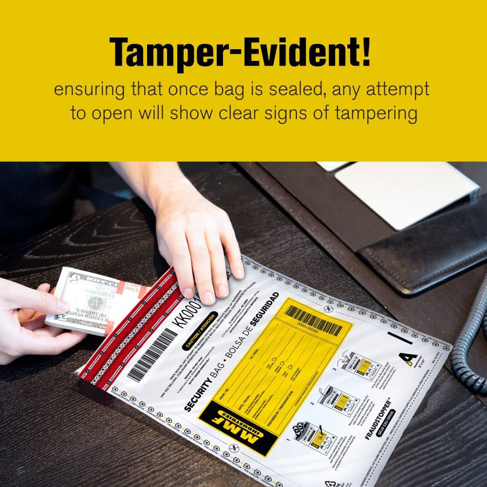 MMF Industries Cash Transmittal Bags | 9W x 12H | Pack of 100 | Unique Alphanumeric Numbering | Self-Sealing Adhesive | Four Tamper Indicators | Folded Bottom | Deposit Plastic Bags