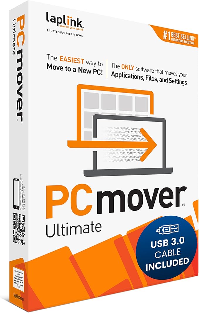 Laplink PCmover Ultimate 11 - Migration of your Applications, Files, and Settings from an Old PC to a New PC - Data Transfer Software - With Optional Super Speed USB 3.0 Transfer Cable - 1 License