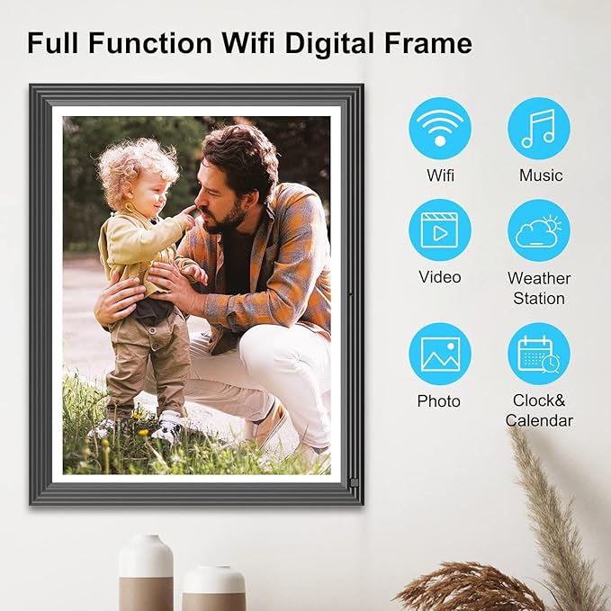 Large Digital-Photo-Frame Wi-Fi Picture Frame - 15" 32GB Smart Photo Frame with Remote Control (No Touch Screen), Full Function, Share Photo Video via App Email, Fee Cloud, Wall Mounted for Home Decor