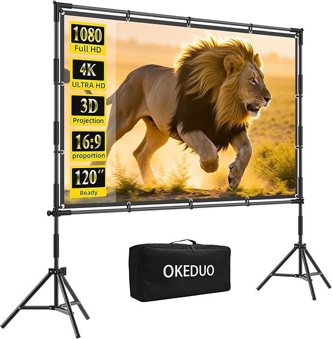 Projector Screen, 120-Inch Outdoor Projector Screen with Stand,16:9,4K Ultra HD,1080P,3D Compatible,Portable Outside Screen with Carrying Bag