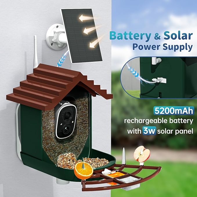 Smart Bird Feeder with Camera Solar Powered & AI Bi rd Identification, 2.4Ghz WiFi Bird feeders for Outdoors, 2K Live Video, Nstant Arrival Alerts - Dark red-Green