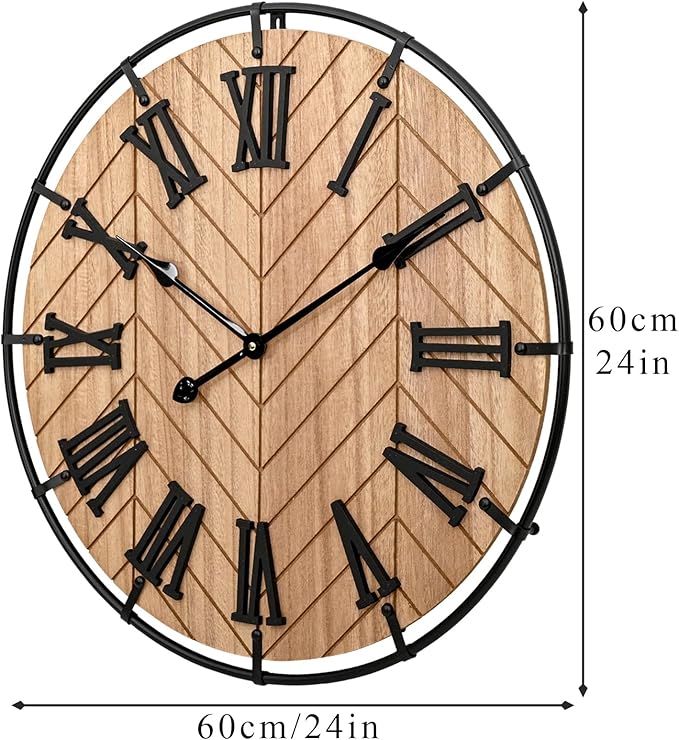 24 Inch Large Wooden Wall Clock – Extra Large FarmhouseWall Clock with 3D Roman Numerals & Herringbone Splicing, Brown Modern Wood Wall Clock for Living Room