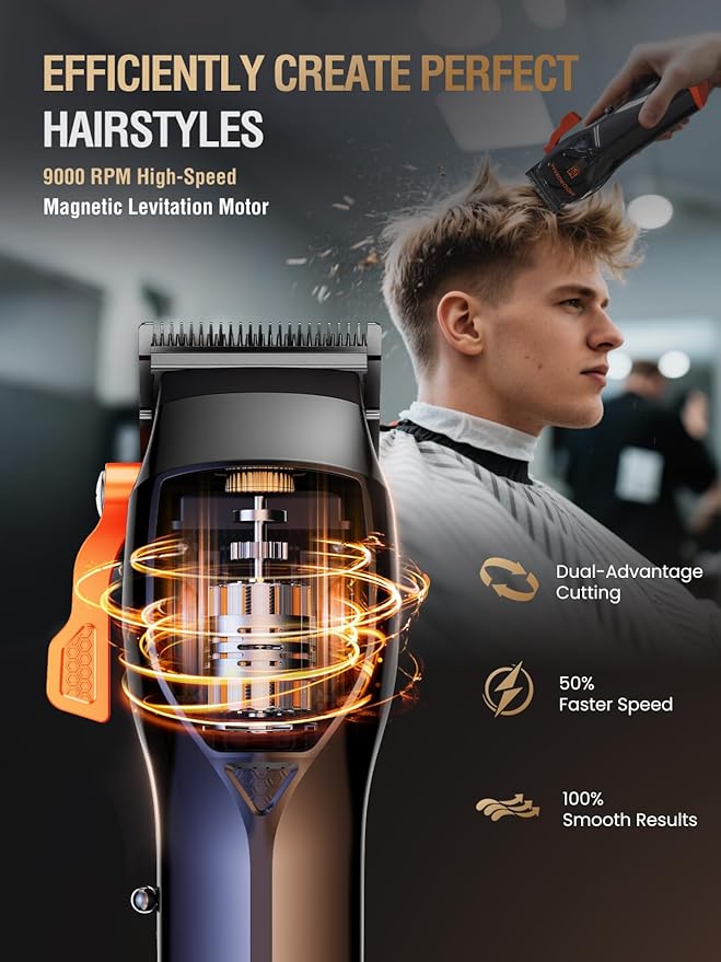 Professional Hair Clippers for Men, 9000 RPM Magnetic Motor, DLC Blades Cordless Hair Cutting Clippers, Beard Trimmer, Haircut Kit, Perfect for Barber Fades, Gifts for Men