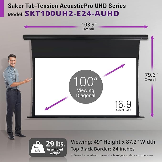 Elite Screens Saker Tab-Tension AcousticPro UHD Series, 100-INCH Diagonal 16:9, 4K/8K Ultra HD Electric Sound Transparent Perforated Weave Drop Down Front Projector Screen, SKT100UH2-E24-AUHD