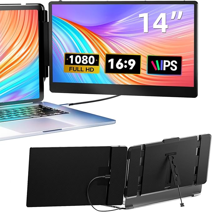 Laptop Screen Extender, 14" FHD 1080P IPS Dual Laptop Monitor Extender, Plug n Play Portable Travel Monitor for Laptops 13.3"-17" with HDMI/USB-A/Type-C, Compatible with Windows Mac Chrome Android