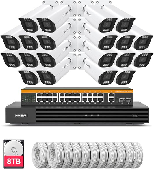 H.VIEW 32 Channel Security Camera System, 20pcs 8MP Wired IP Bullet PoE Cameras Outdoor, AI Human Detection, Built-in Mic, Remote Access, 4K 32CH NVR 8TB HDD for 24-7 Recording,Business CCTV