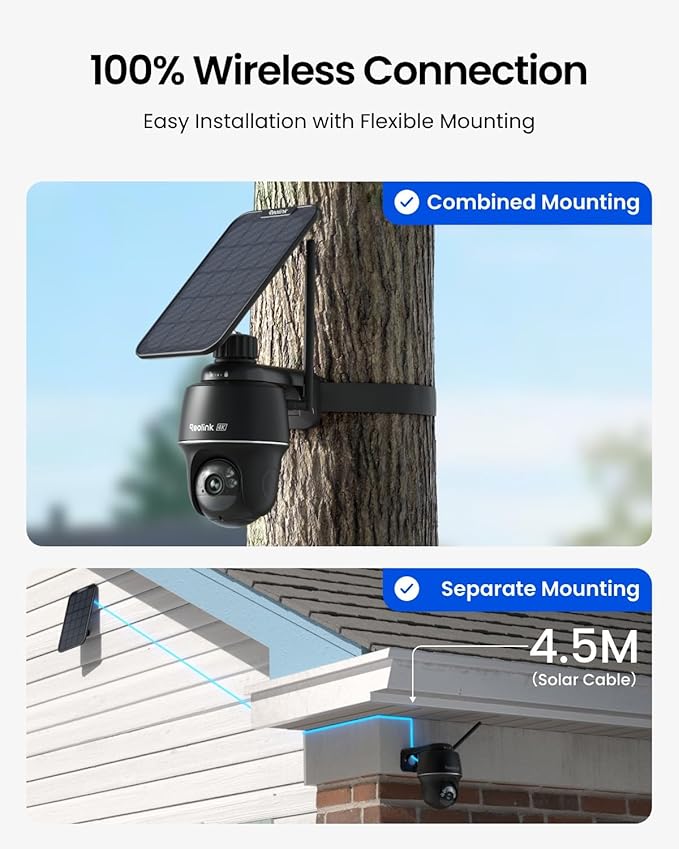 REOLINK 4K Solar Security Cameras Wireless Outdoor, 360° Pan Tilt, 8MP Color Night Vision, 2.4/5 GHz Wi-Fi 6, No Monthly Fee, Home Hub Compatible, Argus PT 4K+ 3W Solar Panel (Black)