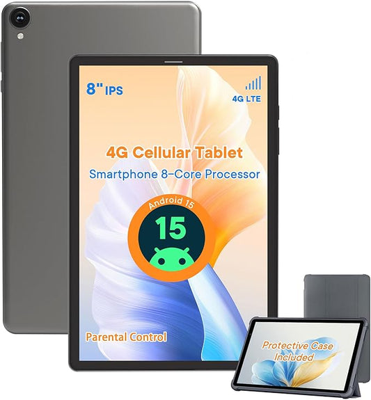 HAOVM Android 15 Tablet 8 Inch,4G SIM Unlocked Tablet, Octa-Core CPU 2.0GHz, 12 GB+64 GB, TF Expandable, IPS Display, 5G WiFi, 5MP+8MP Dual Cameras,5100mAh, GPS, Gray Case