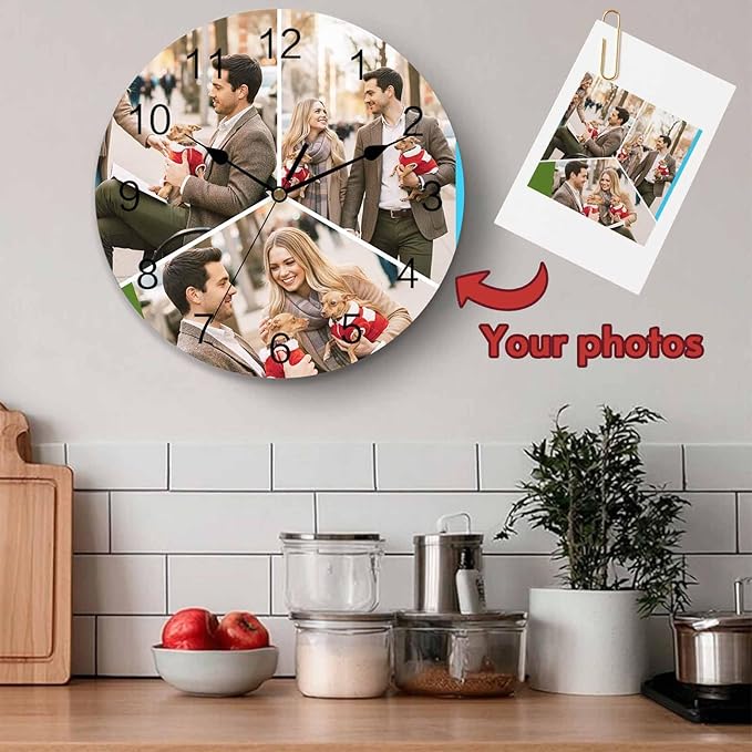 Custom 3 Photo Wall Clock, Personalized Picture Silent Wall Clock Non Ticking for Bedroom, Living Room, Kitchen, Office, Idea Gifts for Couples, Boyfriend, Girlfriend, Family (10", 12", 14")