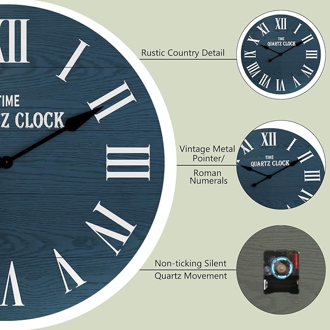 ARTPOWER Large Farmhouse Wall Clock, 35.5” Shiplap Wall Clock with Roman Numeral, Nearly Non-Ticking, Round Wall Clocks for Living Room Decor, Office, Bedroom, Entrance, Navy Blue