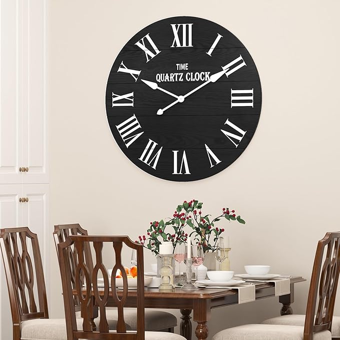 ARTPOWER Large Farmhouse Wall Clock, 35.5” Shiplap Wall Clock with Roman Numeral, Nearly Non-Ticking, Round Wall Clocks for Living Room Decor, Office, Bedroom, Entrance, Black