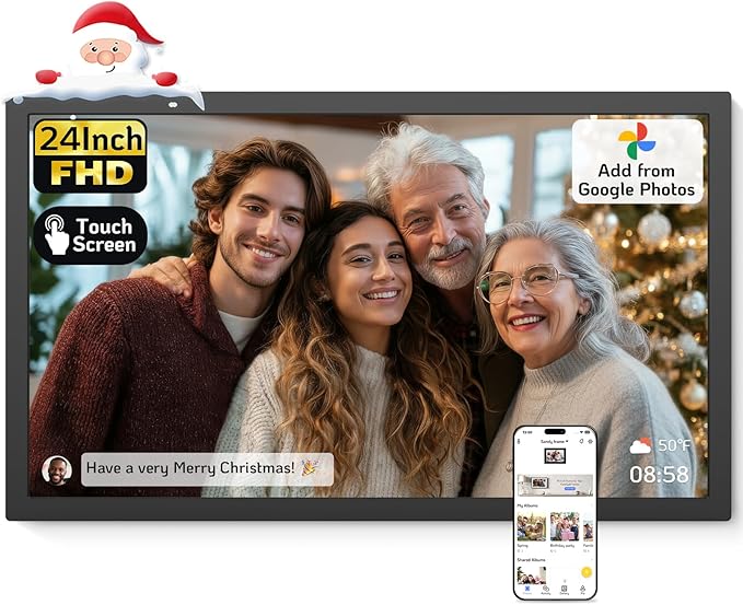 NexFoto 24 Inch Touchscreen Digital Picture Frame Large, WiFi Electronic Photo Frame 64GB, Add Pics from Google Photos, Upload Photos/Videos via App/USB, for Mom/Grandparents, Black
