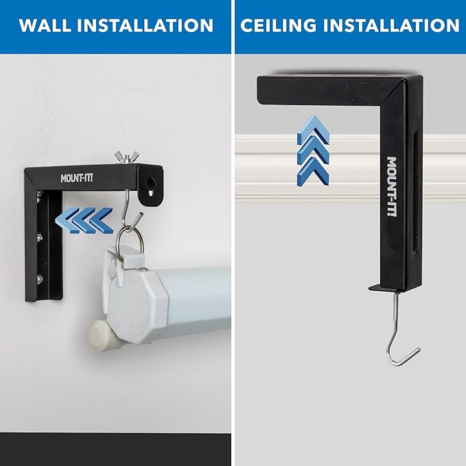 Mount-It! Projector Screen Wall Mount L-Brackets - Wall Hanging Bracket For Home Projector and Movie Screens, 6 inch Adjustable Mounting Hooks for Projection Screen, 1 Pair, Black, 66 Lb Capacity Each