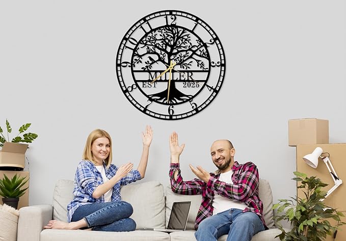 Personalized Tree of Life Large Wall Clock, Custom Wall Clock with Family Last Name and Established Date, Silent Metal Clocks, Regular Numerals Clock, Housewarming Gift