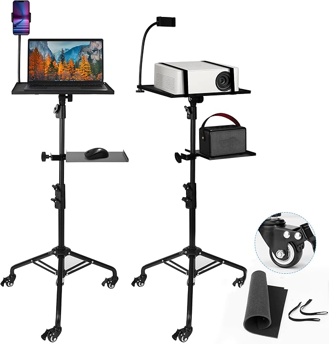 Projector Stand Tripod – 24 to 59 Inch Adjustable Height – Dual Shelves Laptop Tripod Stand with Moveable Wheels and Phone Holder, Portable Laptop Stand for Office, Stage & Outdoor Use
