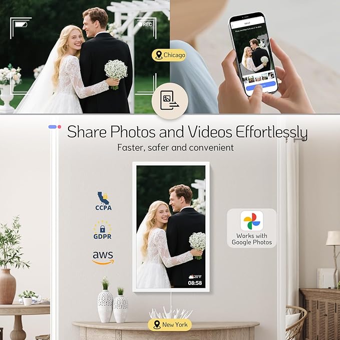 NexFoto 27 Inch Touchscreen Digital Picture Frame, FHD WiFi Photo Frame Electronic 64GB, Add Photos from Google Photos, Upload Videos via APP/USB, Gifts for Christmas/Mom/Grandparents, White