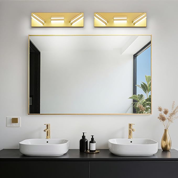 Modern LED Small Bathroom Lights Fixtures(3-Light),Metal Gold Acrylic Wall Lighting,Vanity Lights for Bathroom Over Mirror(6000k 16in)