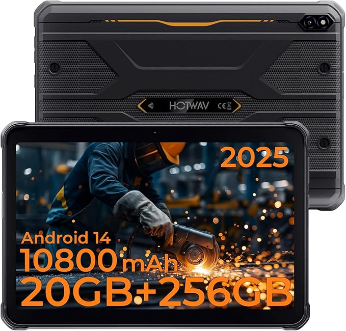 HOTWAV R10 Pro 2025 Rugged Tablet Android 14-10.1 Inch HD+ 10800mAh Waterproof Tablet, 20GB RAM+256GB ROM/1TB TF Outdoor Tablets, 13MP+5MP Camera Octa-Core IP68&IP69K/4G-LTE/5G WiFi/Face ID/GPS/OTG