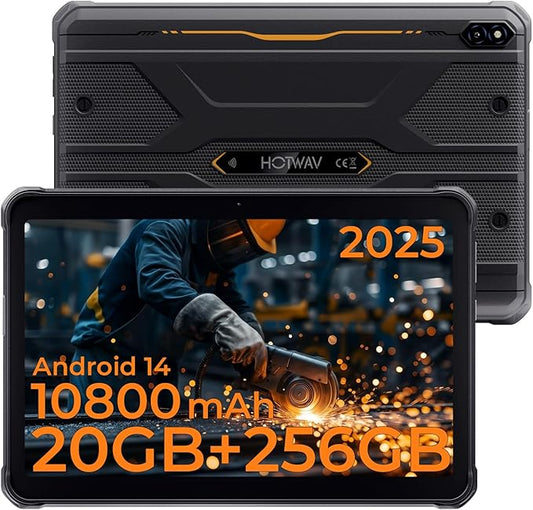 HOTWAV R10 Pro 2025 Rugged Tablet Android 14-10.1 Inch HD+ 10800mAh Waterproof Tablet, 20GB RAM+256GB ROM/1TB TF Outdoor Tablets, 13MP+5MP Camera Octa-Core IP68&IP69K/4G-LTE/5G WiFi/Face ID/GPS/OTG