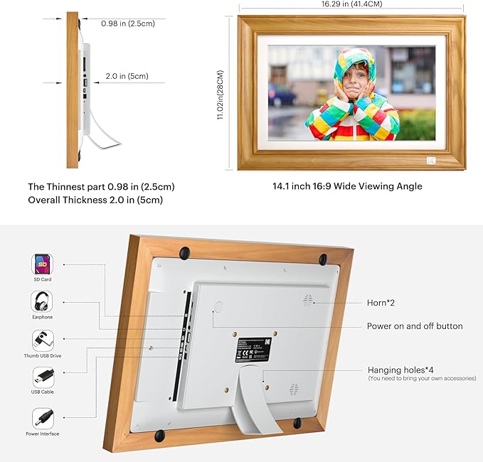 Kodak 14.1 Inch Smart WiFi Digital Picture Frame 1920x1080 Touch Screen, Auto-Rotate, Built in 32GB Memory, Share Photos and Videos for Anywhere Anytime, for Friends and Family (Wood)