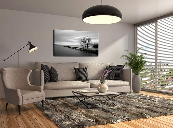 DZL Art S74975 Canvas Prints Modern Minimalist Black and White Lake Trees Landscape Wall Art Painting for Living Room Bedroom Decor Office Wall Decor Home Decoration