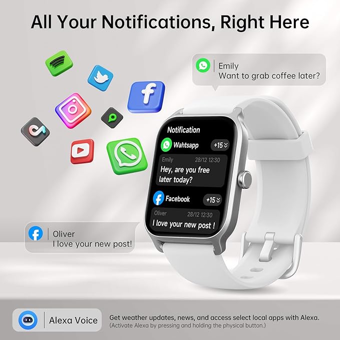 Smart Watches for Women with Alexa & Bluetooth Call,1.85" HD Screen Fitness Tracker,30-Day Battery, Heart Rate/Sleep/SpO2 Monitor,100+ Sports Modes,2ATM Waterproof Smartwatch for Android iPhone(White)