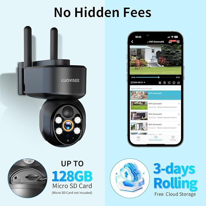 2K Solar Security Camera Wireless Outdoor,WiFi Cameras for Home Security Battery-Powered,Compatible with Alexa,360°PTZ Full Color Night Vision,PLR Alarm,2-Way Audio,Cloud/SD Storage