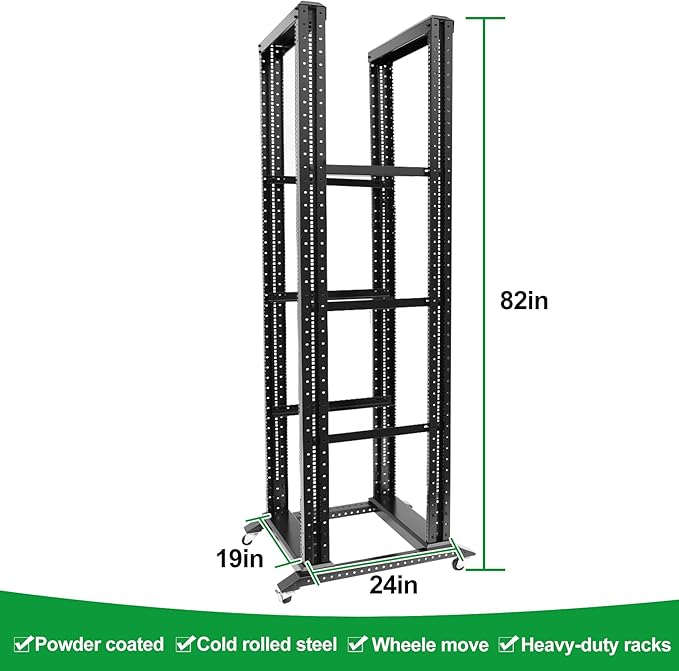 42U Server Rack/4-Post 19in Network Rack/Open Frame Rack with Wheels, Heavy-Duty Frame Cabinet/Adjustable Depth 24-22in GLOBALRACK，(4POST-800-42U)