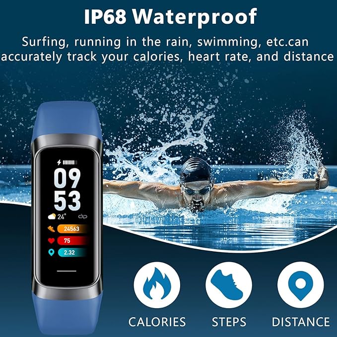 Fitness Tracker Activity Tracker Smart Watch 1.10''AMOLED Touch Color Screen,Smart Watch with 24/7 Blood Oxygen Heart Rate,Sleep Monitor,IP68 Waterproof,Step Counter Health for Women Men (Blue)
