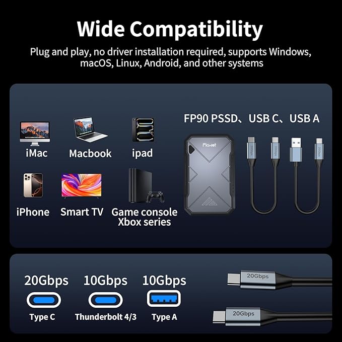 1TB Portable SSD, Up to 2050MB/s, USB 3.2 Gen2 USB-C, IP68 Water & Dust Resistant, Shockproof, External Solid State Drive for Smart TV, Cameras, iPhone 16/15, Windows, Mac and Other Devices (FP90)