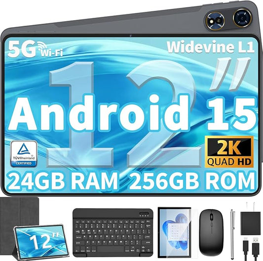 12 Inch Tablet Android 15 Tablets, 2026 Upgraded Android Tablet with Keyboard, 24GB RAM+256GB ROM(1TB Expand), Octa-Core, 2K 2000x1200 Display, 16MP Dual Camera, 8000mAh, 2.4G/5G WiFi, GPS (Silver）