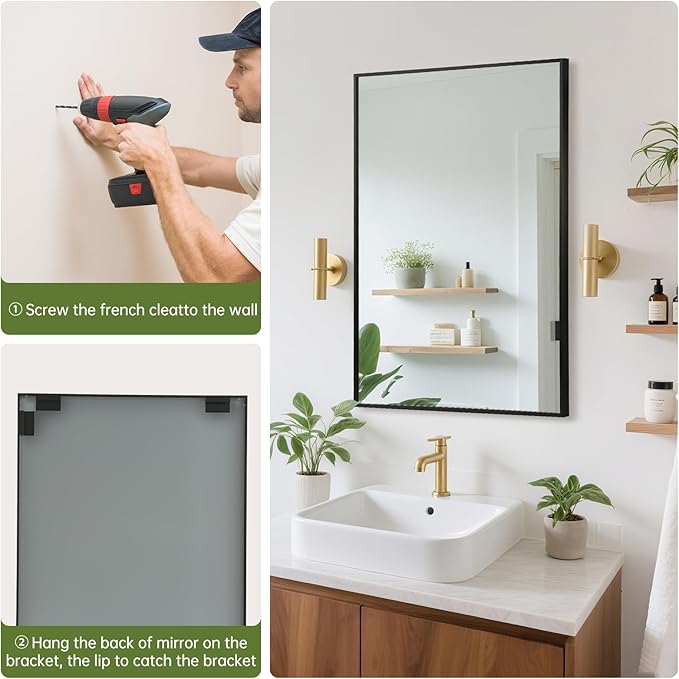 FARMER 24x32 Inch Black Bathroom Mirror, Rectangle Wall Mounted Mirror, Vanity Mirror, Brushed Square Mirror, Framed Bathroom Mirror for Bedrooms, Entryways, Living Rooms, Horizontal/Vertical