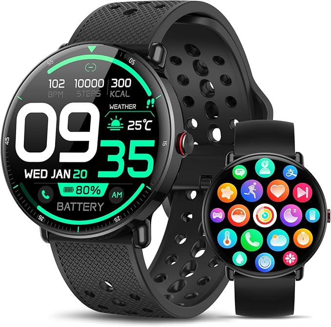 Smart Watch for Women Men, for Android iOS with Sleep & Calorie Monitor, Pedometer Fitness Tracker, Bluetooth Call, IP68 Waterproof, 112+ Sport Modes Round Face Smartwatch (Casual, Black, 1.39)
