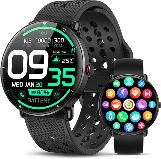 Smart Watch for Women Men, for Android iOS with Sleep & Calorie Monitor, Pedometer Fitness Tracker, Bluetooth Call, IP68 Waterproof, 112+ Sport Modes Round Face Smartwatch (Casual, Black, 1.39)