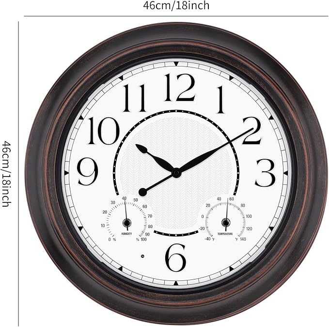 Outdoor Clocks Waterproof 18 Inch, Large Wall Clock with Thermometer & Hygrometer, Illuminated Battery Operated Clock with Smart Sensor for Patio, Pool, Garden, Porch, Living Room