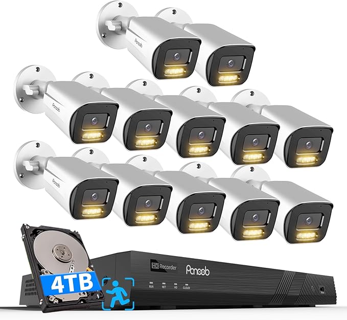 16 Channel Security Camera System 4TB HDD, H.265 12PCS 5MP PoE Commercial IP Bullet Camera, Smart Color Night Vision, 2 Way Audio Talking, AI Human Detection, Remote Access, PB65A1216-5MD
