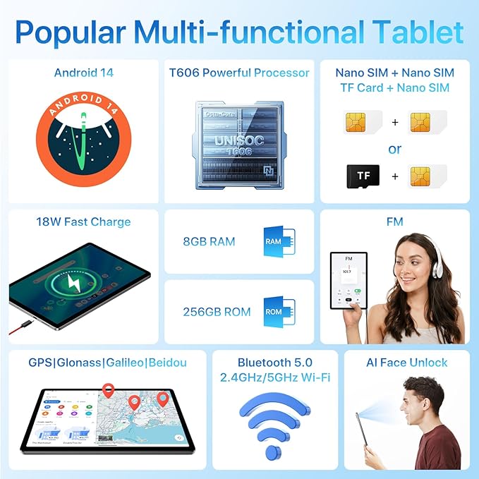 UMIDIGI Android Tablets 11-inch G9 Tab Unlocked Cellular Tablet with SIM Card Slot 4+4GB RAM 256GB ROM 1TB 7200mAh 18W Fast Charging with Case, GPS, FM, WiFi, 4G Gray