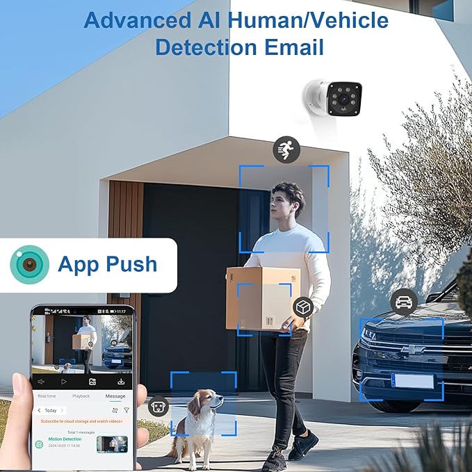 H.265+ Wired Security Camera DVR Kit System with AI Human Vehicle Detection, 4x 1920P 5MP IP67 Metallic Indoor/Outdoor Cameras IR Night Vision Remote Access, 4K NVR 1TB HDD Included for 24/7 Recording