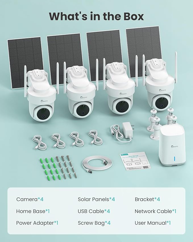 4K Security Cameras Wireless Outdoor No Subscription, 360° PTZ Home Security Cameras System, 64G Local Storage Home Hub, Human/Vehicle/Pet Recognition AI, Color Night Vision, 4 Cam-Kit