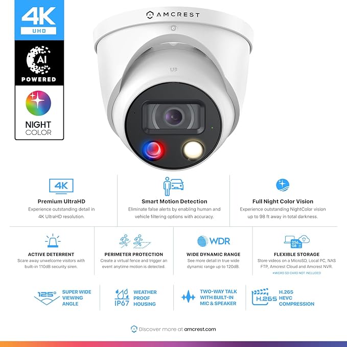 Amcrest UltraHD 4K (8MP) IP POE AI Camera, 4K @30fps, 98ft Night Color Vision F1.0, Security Outdoor Turret Camera, Vehicle & Human Detection, Active Deterrents, Two-Way Audio, IP8M-DT3949EW-3AI