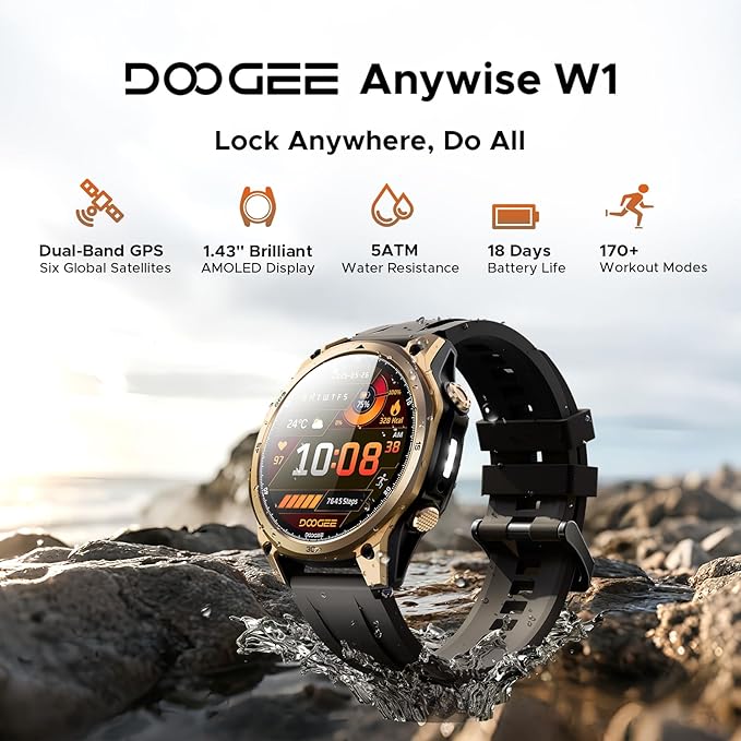 DOOGEE Anywise W1 Mens Smart Watch, 5ATM Dual-Band GPS Fitness Tracker, 1.43'' Smart Watches for Android and iPhone, 170+ Sports Modes, Answer/Make Calls/18 Days Battery/Led Flashlight/Compass/2 Strap
