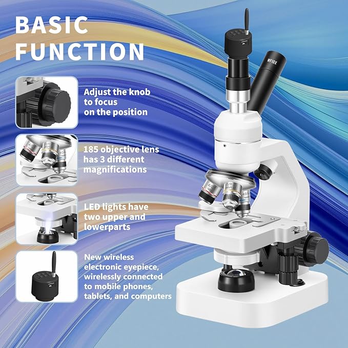 Microscope 40x-2000x Magnification with up and Down LED Lights, Double-Layer Stage, Primary and Secondary School Students, Children's Compound Microscope (Single) (WiFi Electronic Eyepiece)