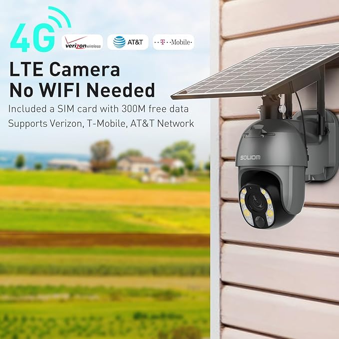 SOLIOM 5MP Security Camera Outdoor with 10X Optical Zoom, 4G LTE Cellular Security Cameras for Home Security with Battery & Solar Powered, Human Detection, Spotlight Color Night Vision, New S600-C10X