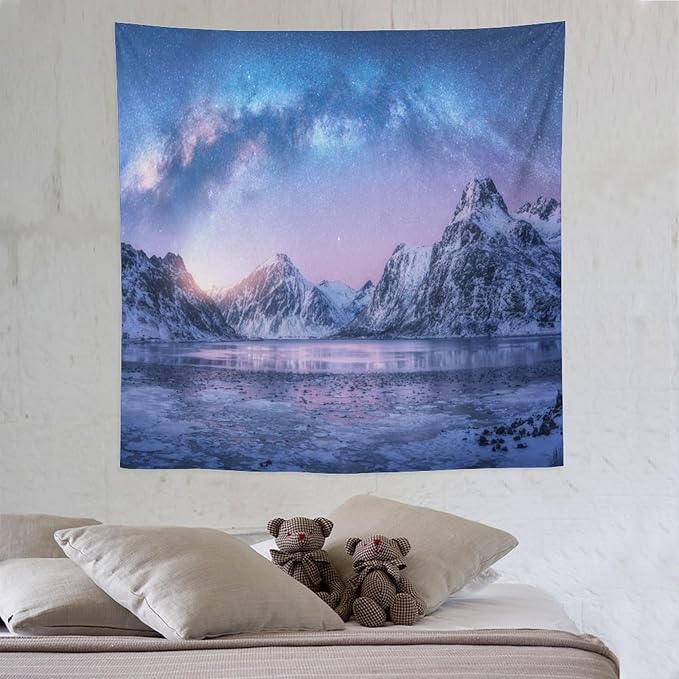 HZOHNAGO Mountain Tapestry Aurora Snow Mountain Sunset Pattern Printed Wall Tapestry Wall Hanging for Bedroom Living Room Dorm 60" W x 60" H