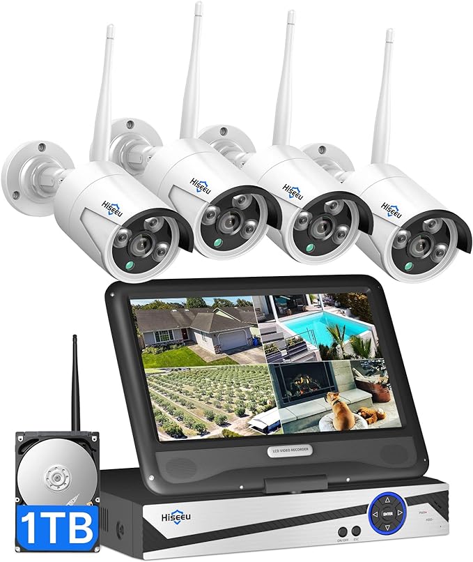 [10CH Expandable] Hiseeu Wireless Security Camera System with 10in LCD 4K Monitor, 4Pcs 5MP Outdoor Indoor Cameras with One-Way Audio, Waterproof, Motion Detect, 1TB HDD/Cloud Storage