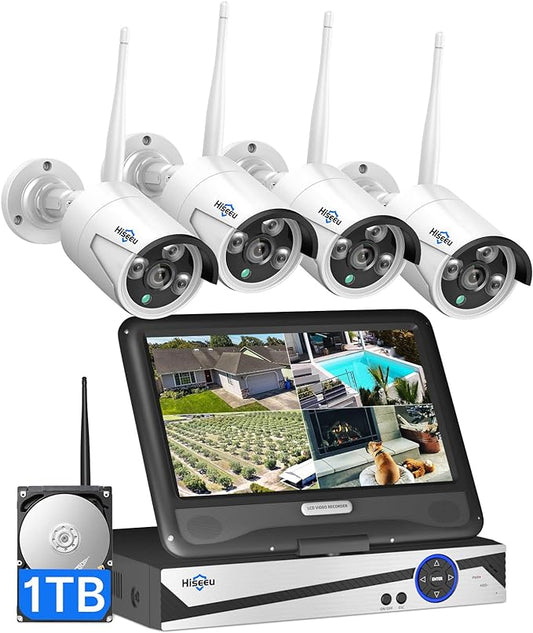 [10CH Expandable] Hiseeu Wireless Security Camera System with 10in LCD 4K Monitor, 4Pcs 5MP Outdoor Indoor Cameras with One-Way Audio, Waterproof, Motion Detect, 1TB HDD/Cloud Storage