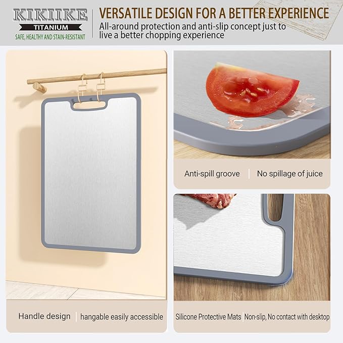 Titanium Cutting Board Double-sided non-slip silicone edging Pure Titanium Cutting Boards for Kitchen - Double-Sided Food-Grade Chopping Board Non-Stick Durable and easy to clean (3-Piece S/M/L)