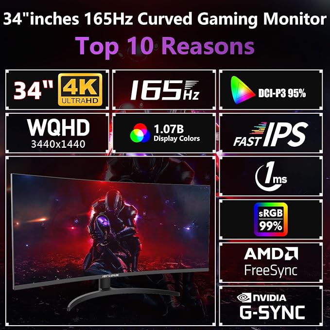 34 Inch Curved Ultra Wide WQHD 4K (3440 × 1440) Gaming Monitor, 165Hz 1500R-PIP/PBP, 1ms (MPRT), HDR400, DCI-P3 95%,FreeSync & G-Sync, 2 x DP 1.4 and 2 x HDMI 2.0, Tilt Height Adjustment